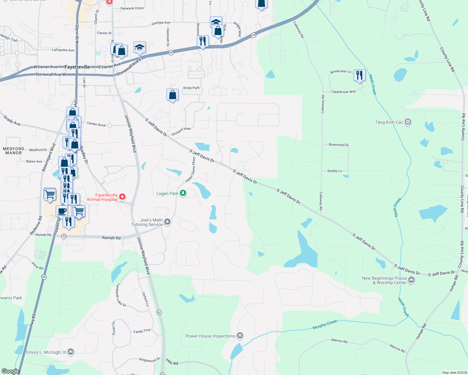 map of restaurants, bars, coffee shops, grocery stores, and more near 305 Country Squire Drive in Fayetteville