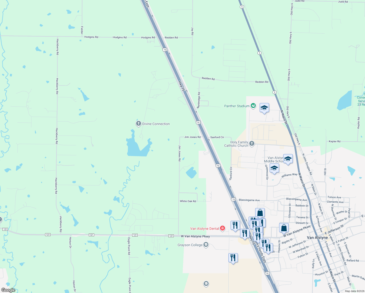 map of restaurants, bars, coffee shops, grocery stores, and more near 362 Jim Jones Road in Van Alstyne