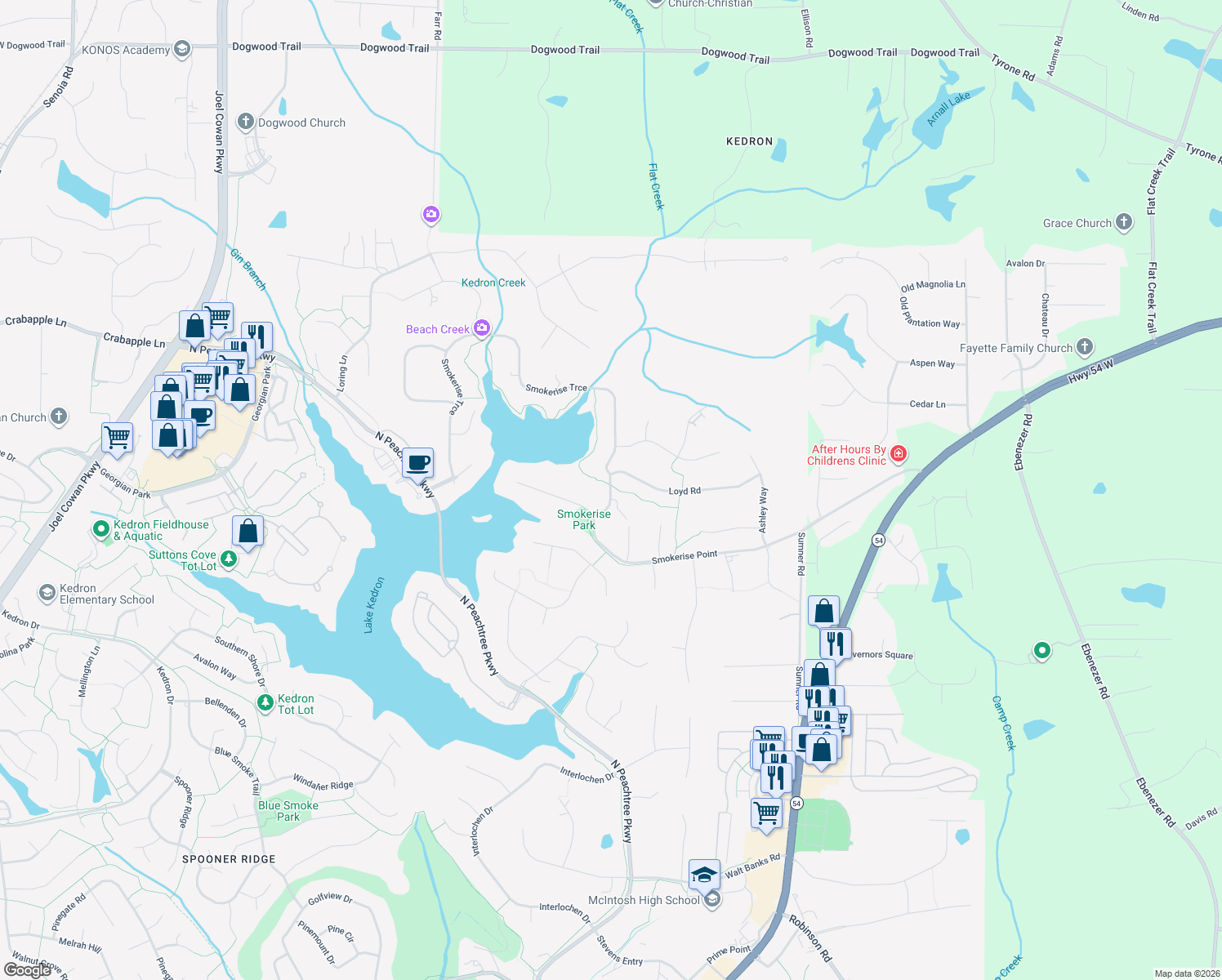 map of restaurants, bars, coffee shops, grocery stores, and more near 267 Smokerise Trce in Peachtree City