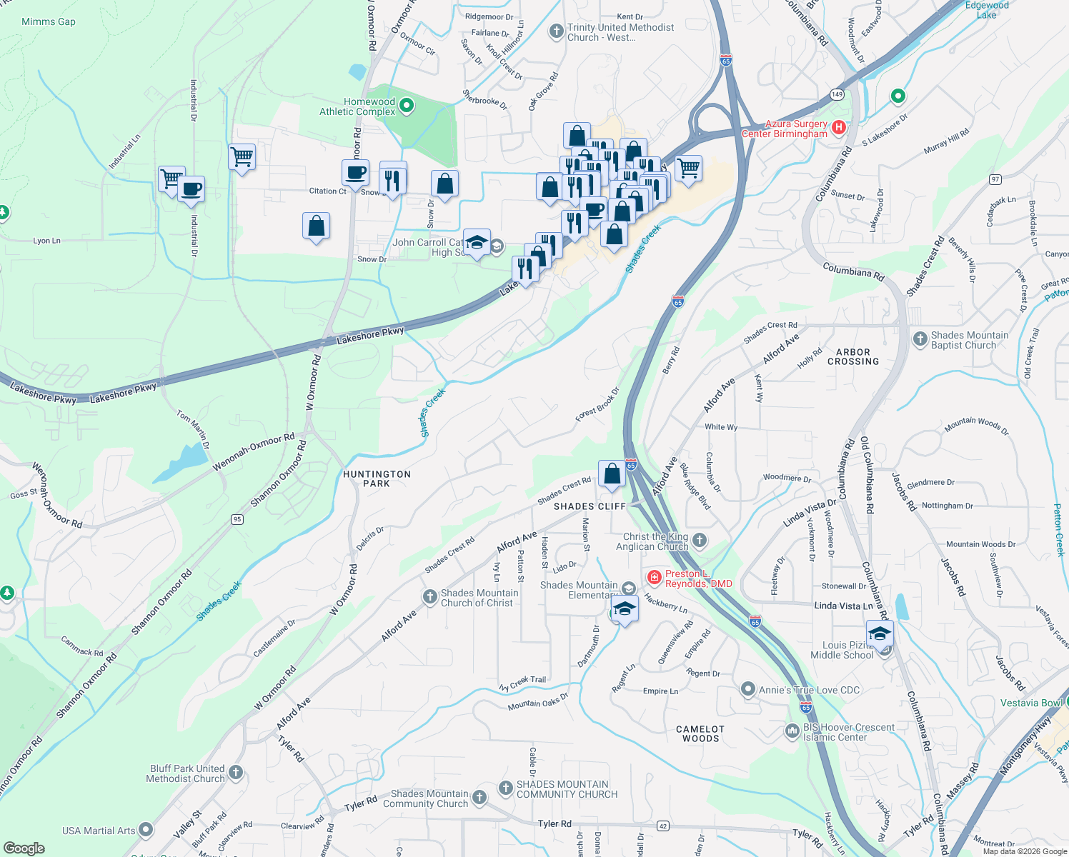 map of restaurants, bars, coffee shops, grocery stores, and more near 1009 Shades Glen Drive in Birmingham