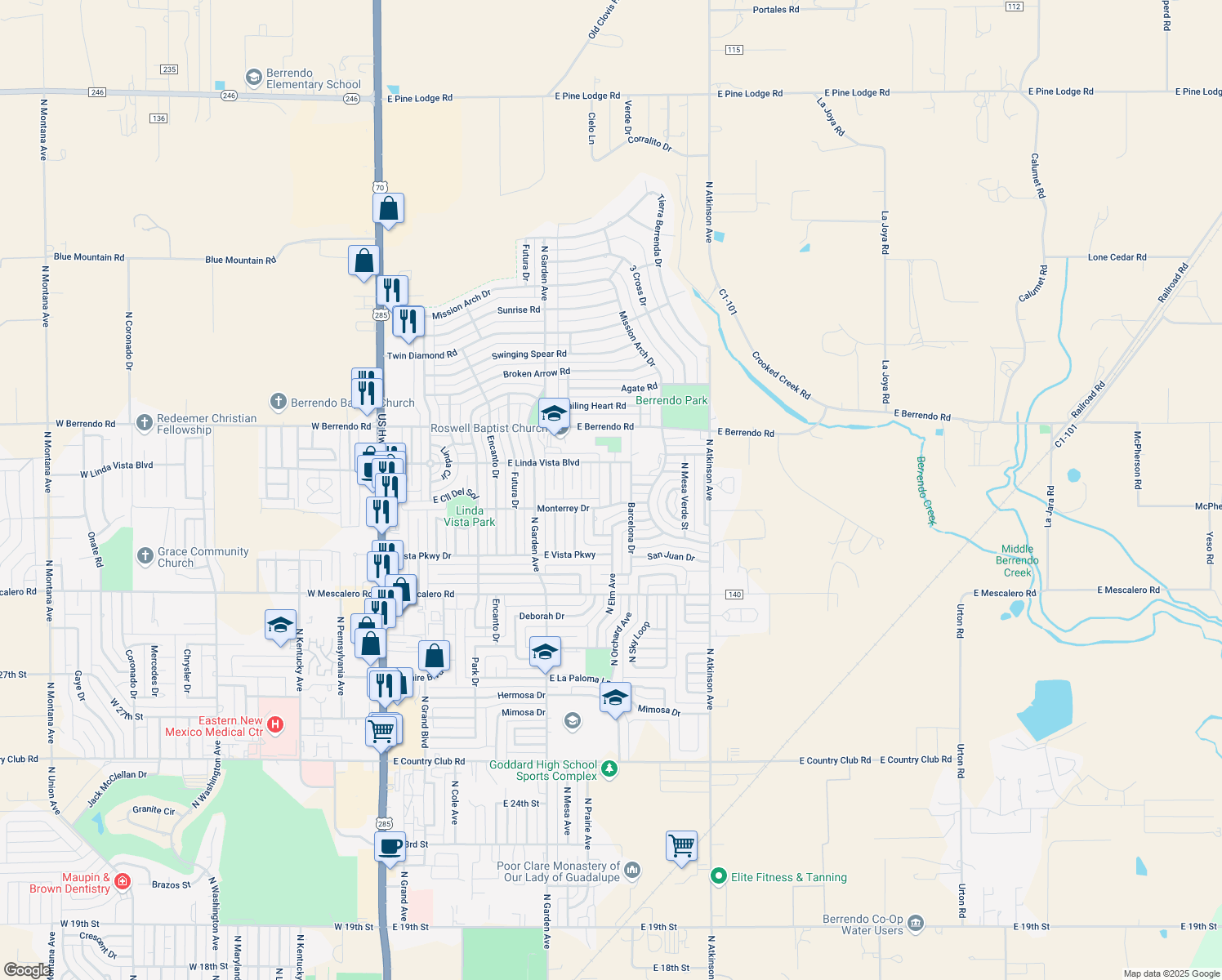 map of restaurants, bars, coffee shops, grocery stores, and more near 3105 La Tierra Drive in Roswell