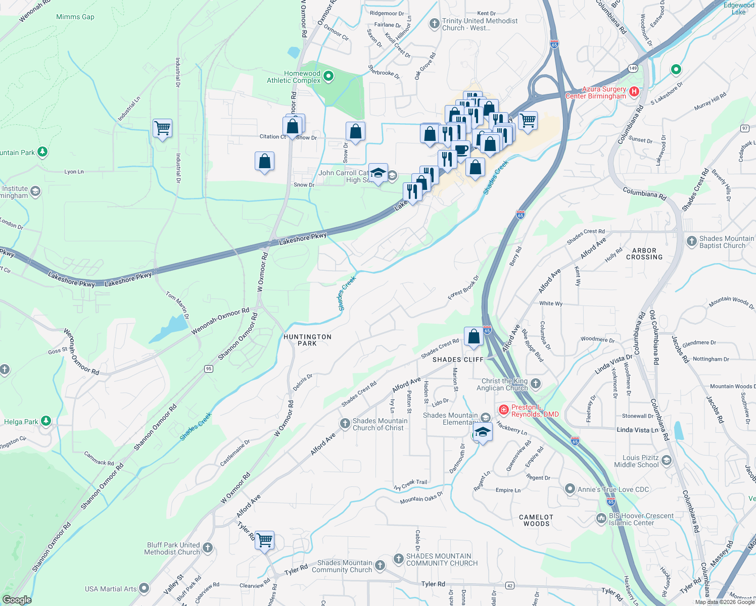 map of restaurants, bars, coffee shops, grocery stores, and more near 2333 Huntington Ridge Rd in Birmingham
