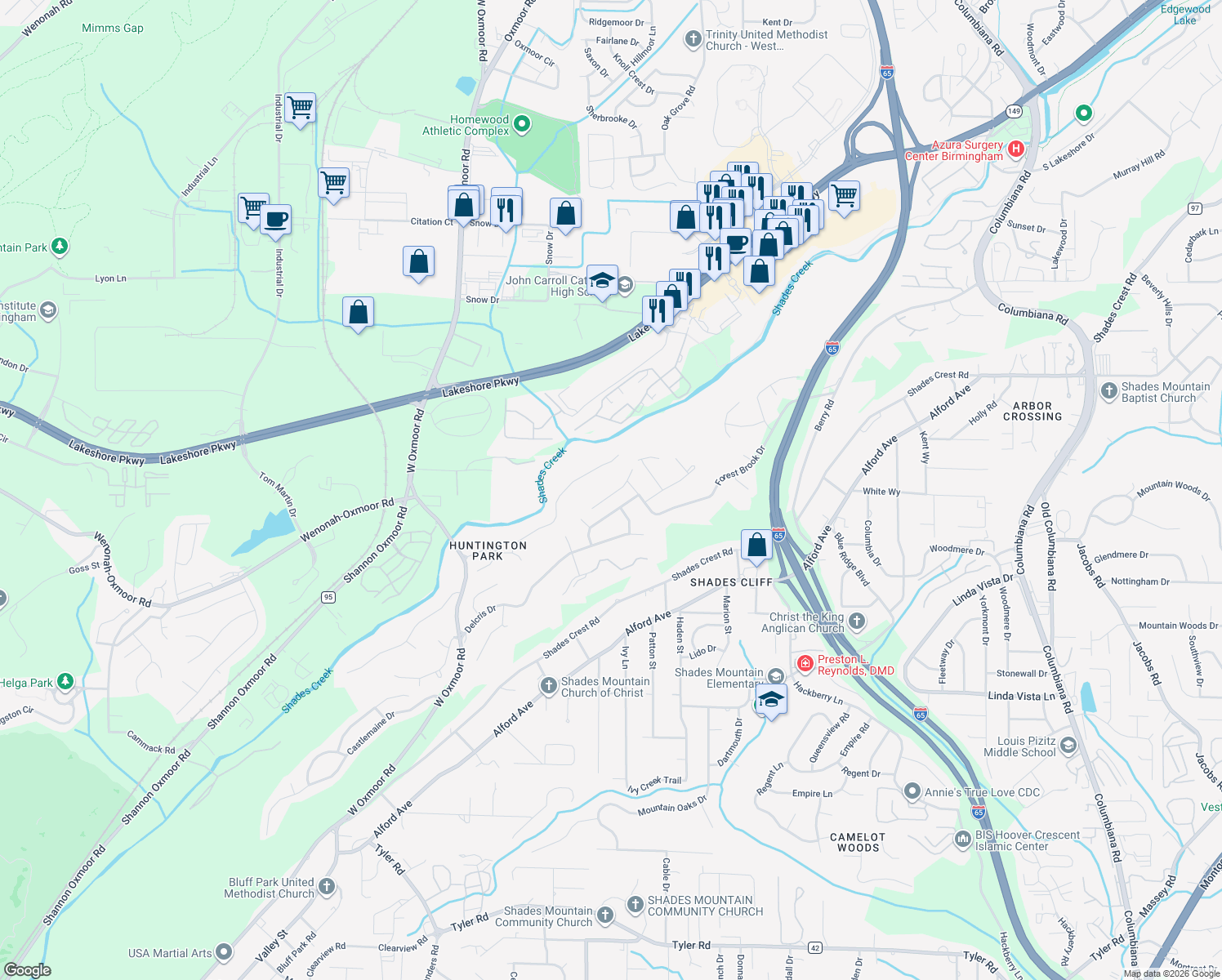 map of restaurants, bars, coffee shops, grocery stores, and more near 2333 Huntington Ridge Road in Birmingham