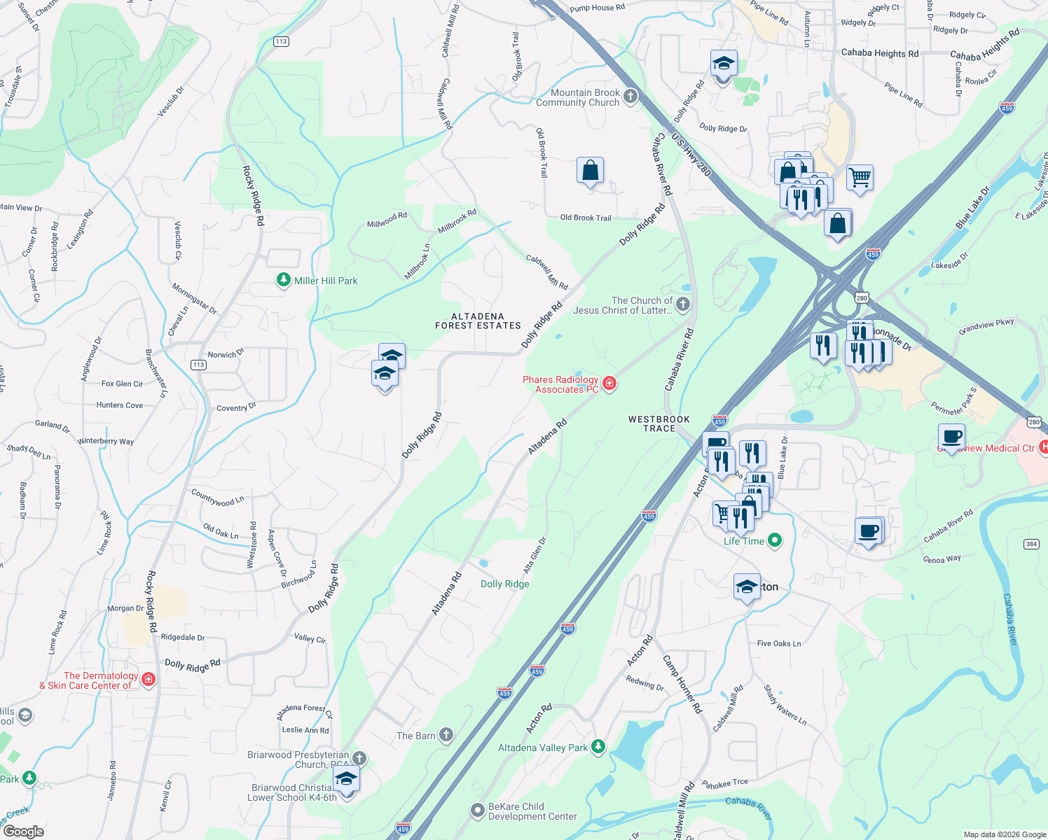 map of restaurants, bars, coffee shops, grocery stores, and more near 2639 Rillwood Road in Vestavia Hills
