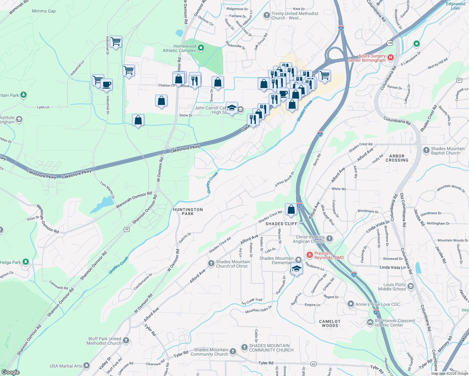 map of restaurants, bars, coffee shops, grocery stores, and more near 2333 Huntington Ridge Road in Birmingham