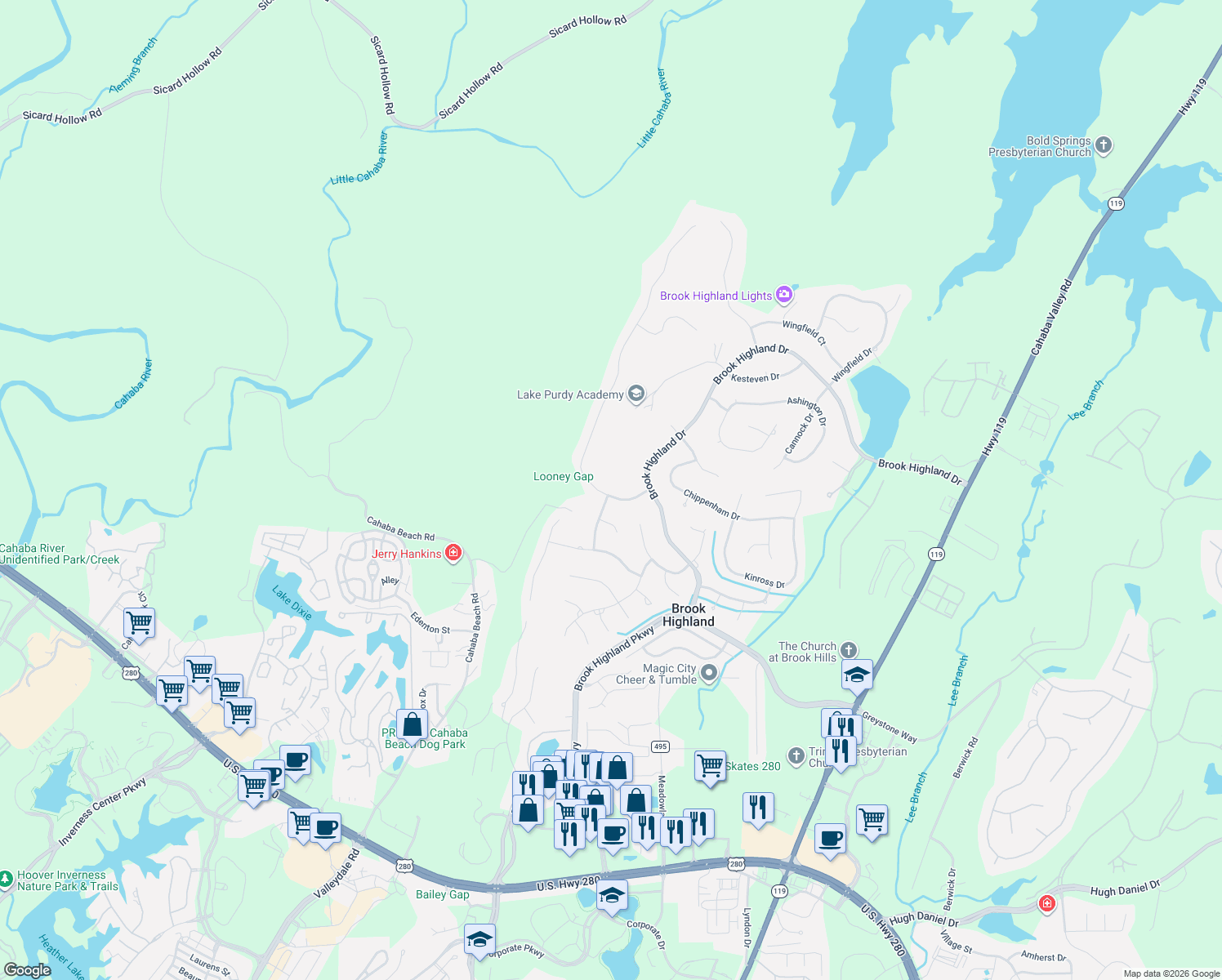 map of restaurants, bars, coffee shops, grocery stores, and more near 2021 Brook Highland Ridge in Birmingham