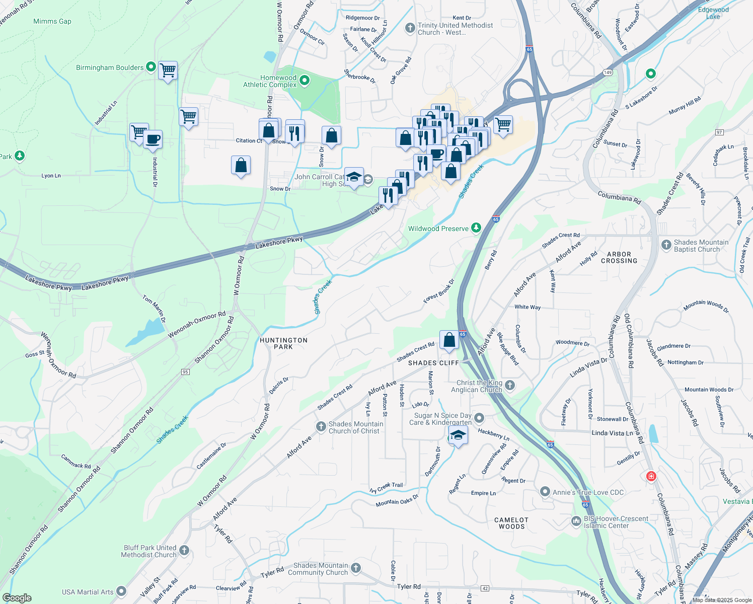 map of restaurants, bars, coffee shops, grocery stores, and more near 948 Shades Glen Drive in Birmingham