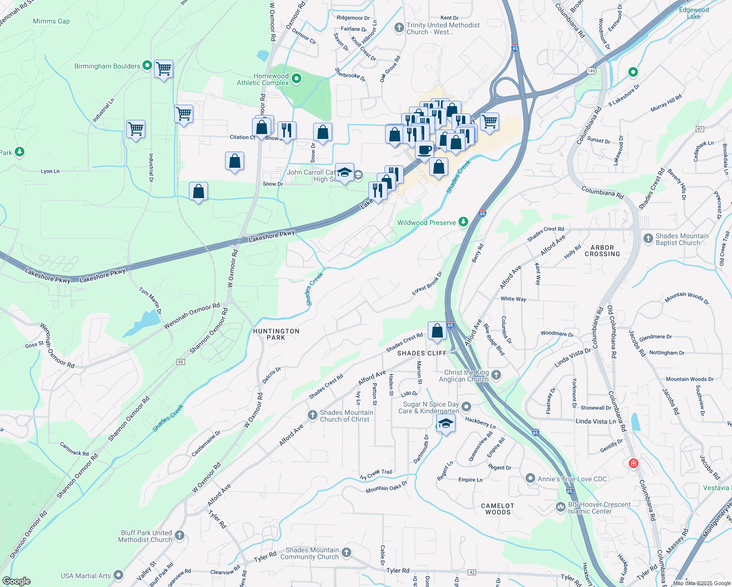 map of restaurants, bars, coffee shops, grocery stores, and more near 948 Shades Glen Drive in Birmingham