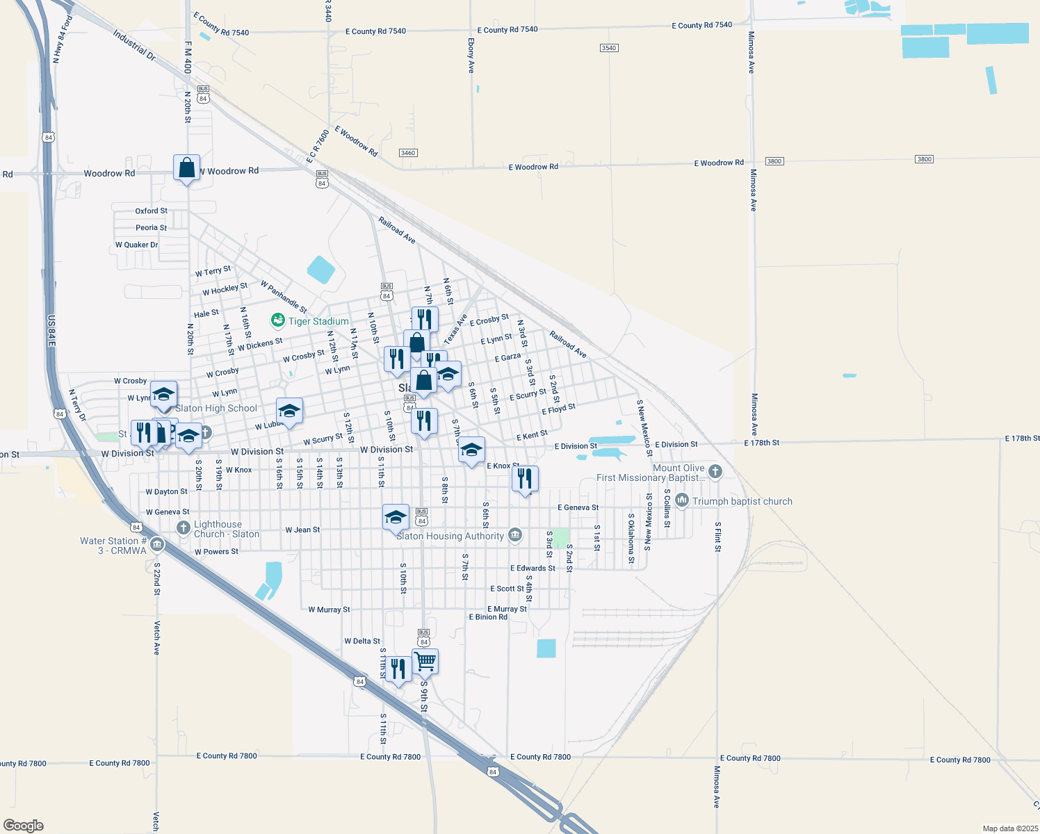 map of restaurants, bars, coffee shops, grocery stores, and more near 398 S 4th St in Slaton