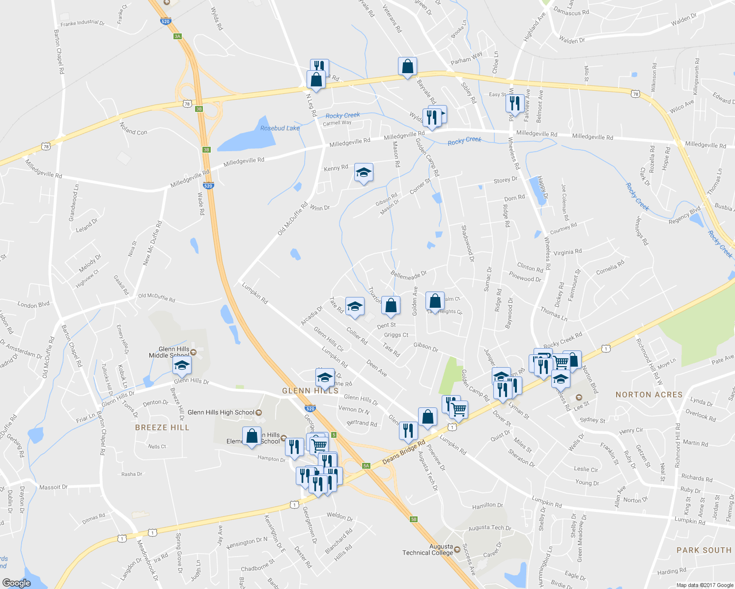 map of restaurants, bars, coffee shops, grocery stores, and more near 3144 Truxton Road in Augusta
