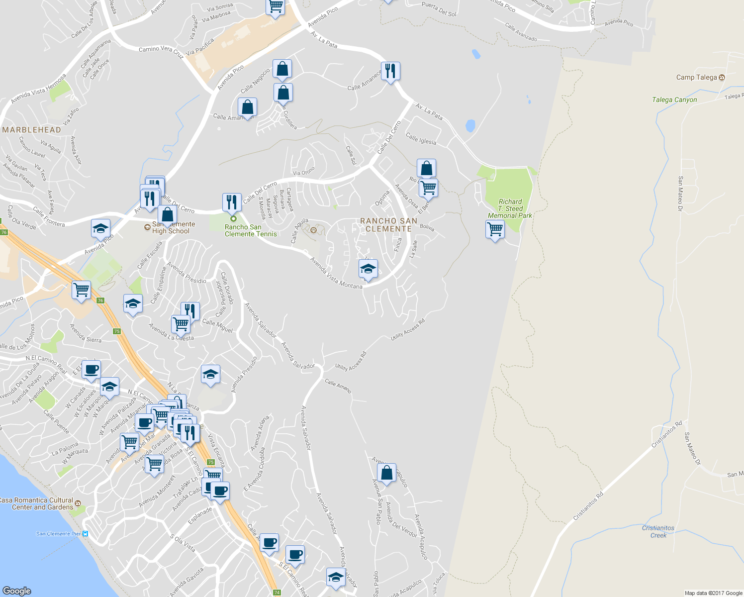 map of restaurants, bars, coffee shops, grocery stores, and more near 44 Santa Clara in San Clemente