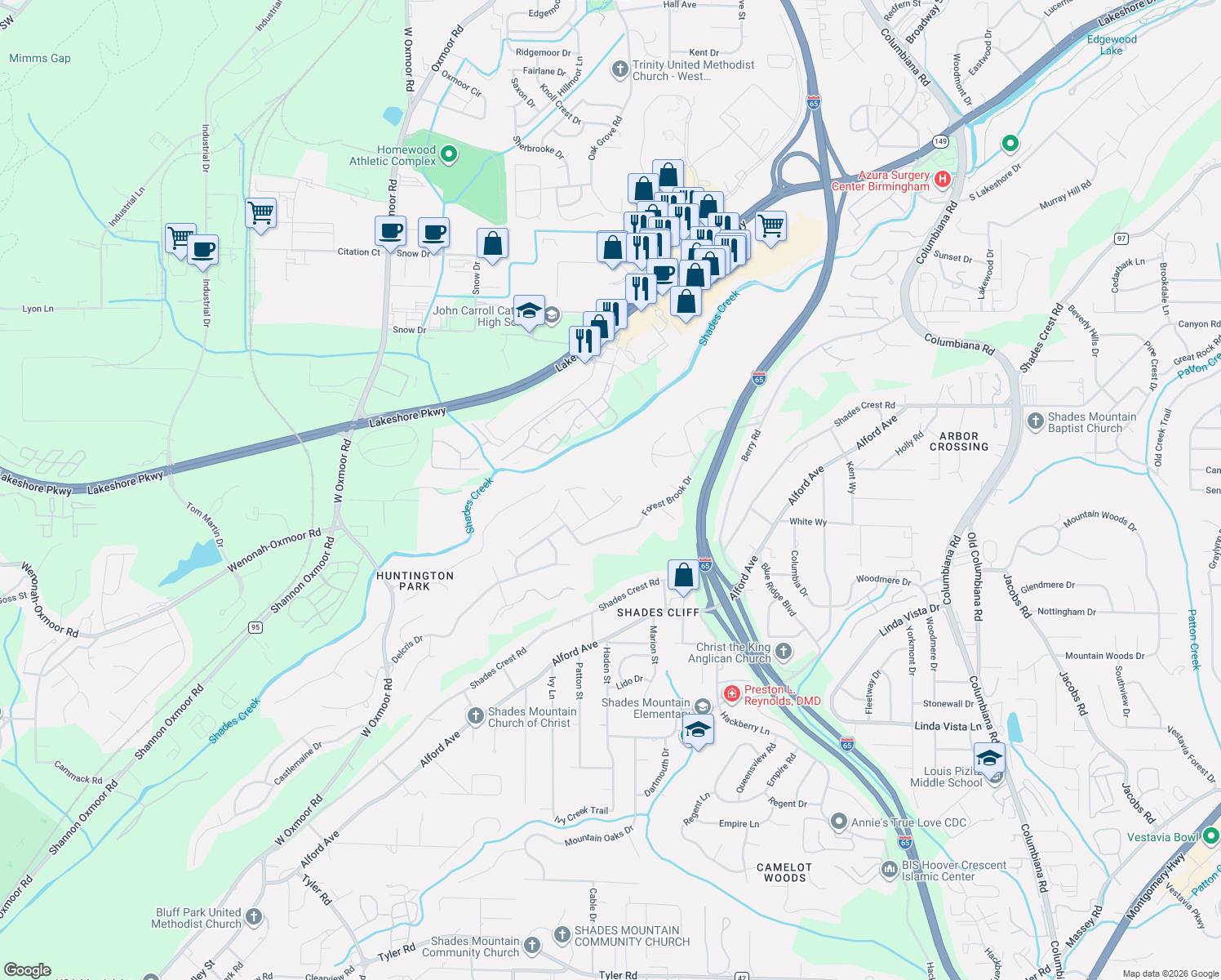 map of restaurants, bars, coffee shops, grocery stores, and more near 1040 Shades Glen Drive in Birmingham