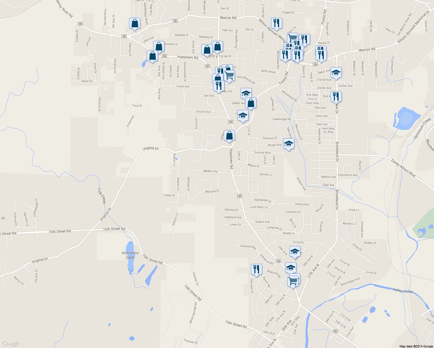 map of restaurants, bars, coffee shops, grocery stores, and more near 107 Walker Ave in Hueytown