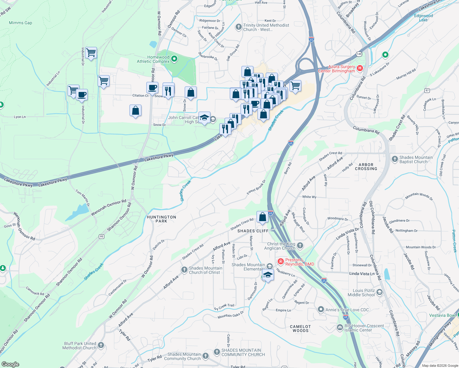 map of restaurants, bars, coffee shops, grocery stores, and more near 1600 Brookcrest Circle in Birmingham