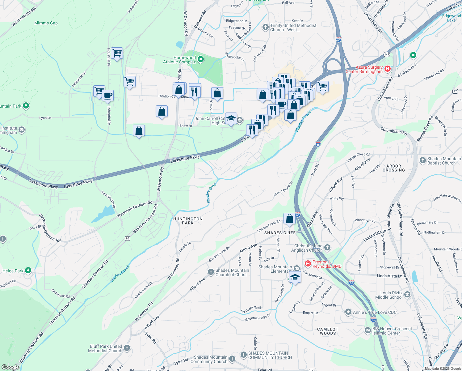 map of restaurants, bars, coffee shops, grocery stores, and more near 2407 Huntington Glen Drive in Birmingham