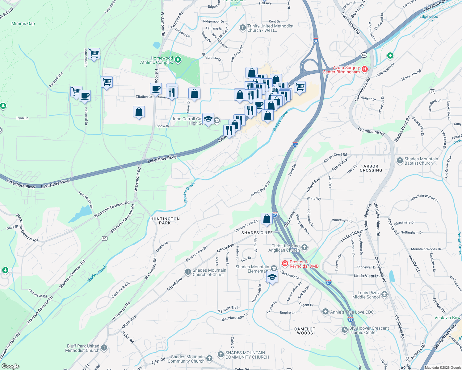 map of restaurants, bars, coffee shops, grocery stores, and more near 1600 Brookcrest Circle in Birmingham