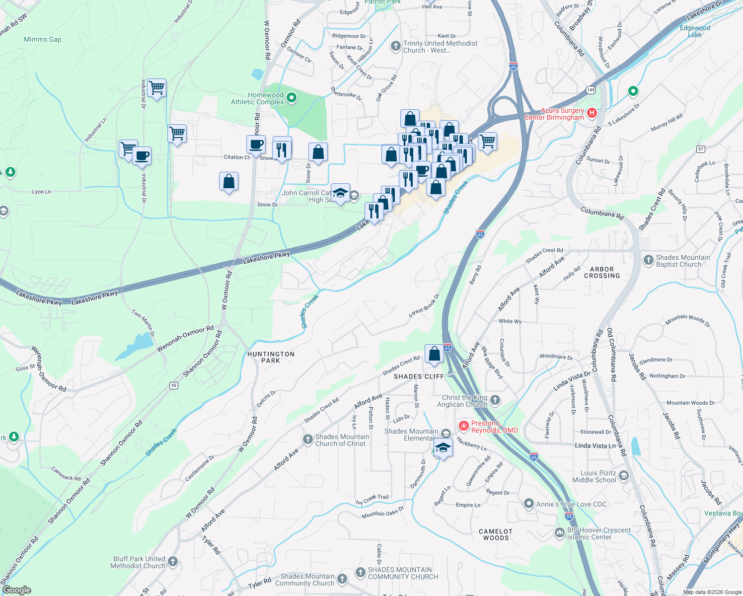 map of restaurants, bars, coffee shops, grocery stores, and more near 1600 Brookcrest Circle in Birmingham