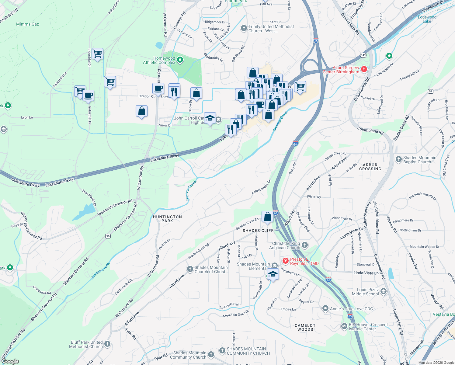 map of restaurants, bars, coffee shops, grocery stores, and more near 1600 Brookcrest Circle in Birmingham