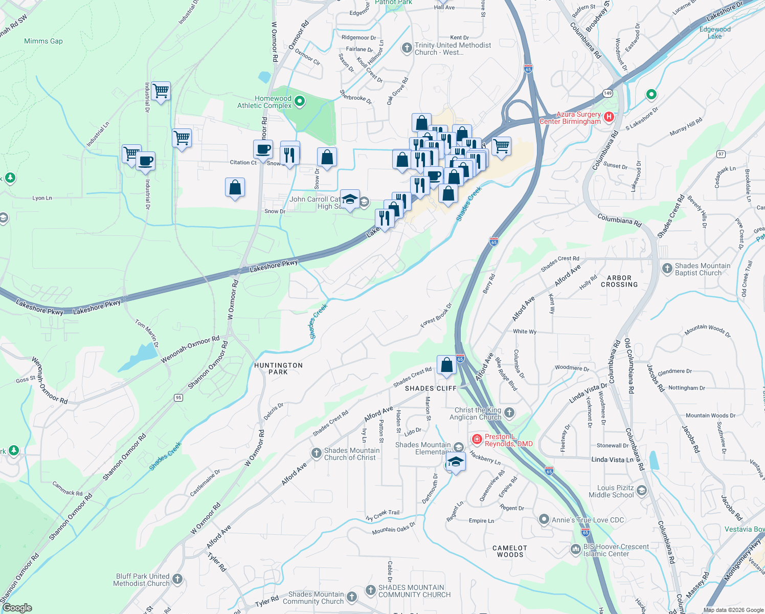 map of restaurants, bars, coffee shops, grocery stores, and more near 1600 Brookcrest Circle in Birmingham