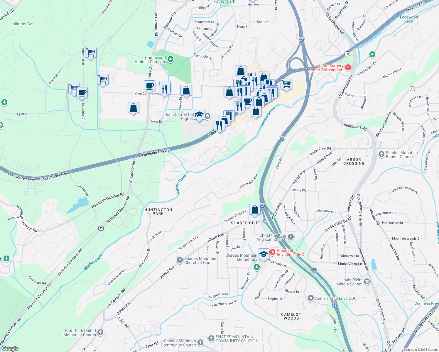 map of restaurants, bars, coffee shops, grocery stores, and more near 1600 Brookcrest Circle in Birmingham