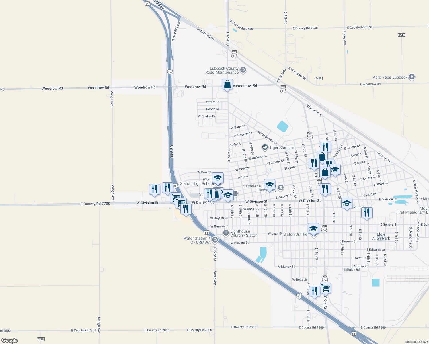 map of restaurants, bars, coffee shops, grocery stores, and more near 1398 W Crosby St in Slaton