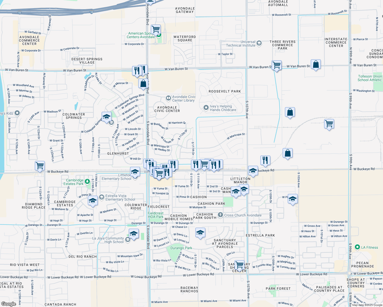 map of restaurants, bars, coffee shops, grocery stores, and more near 802 South 111th Drive in Avondale