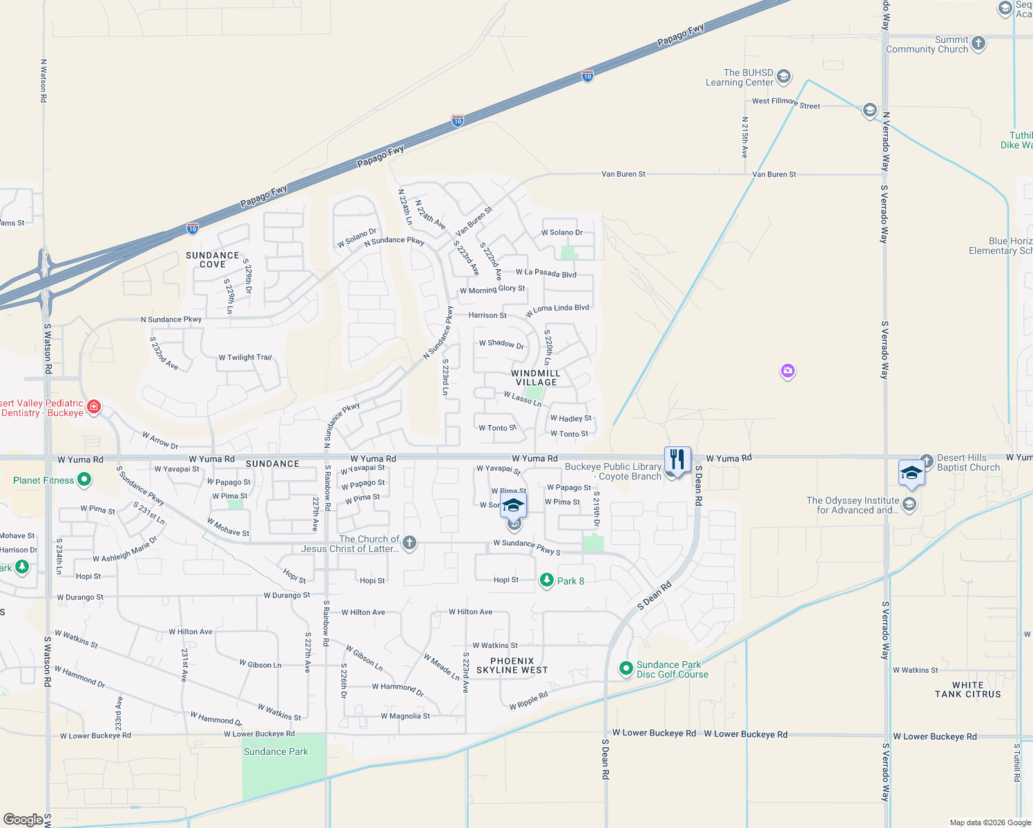 map of restaurants, bars, coffee shops, grocery stores, and more near 981 South 221st Drive in Buckeye