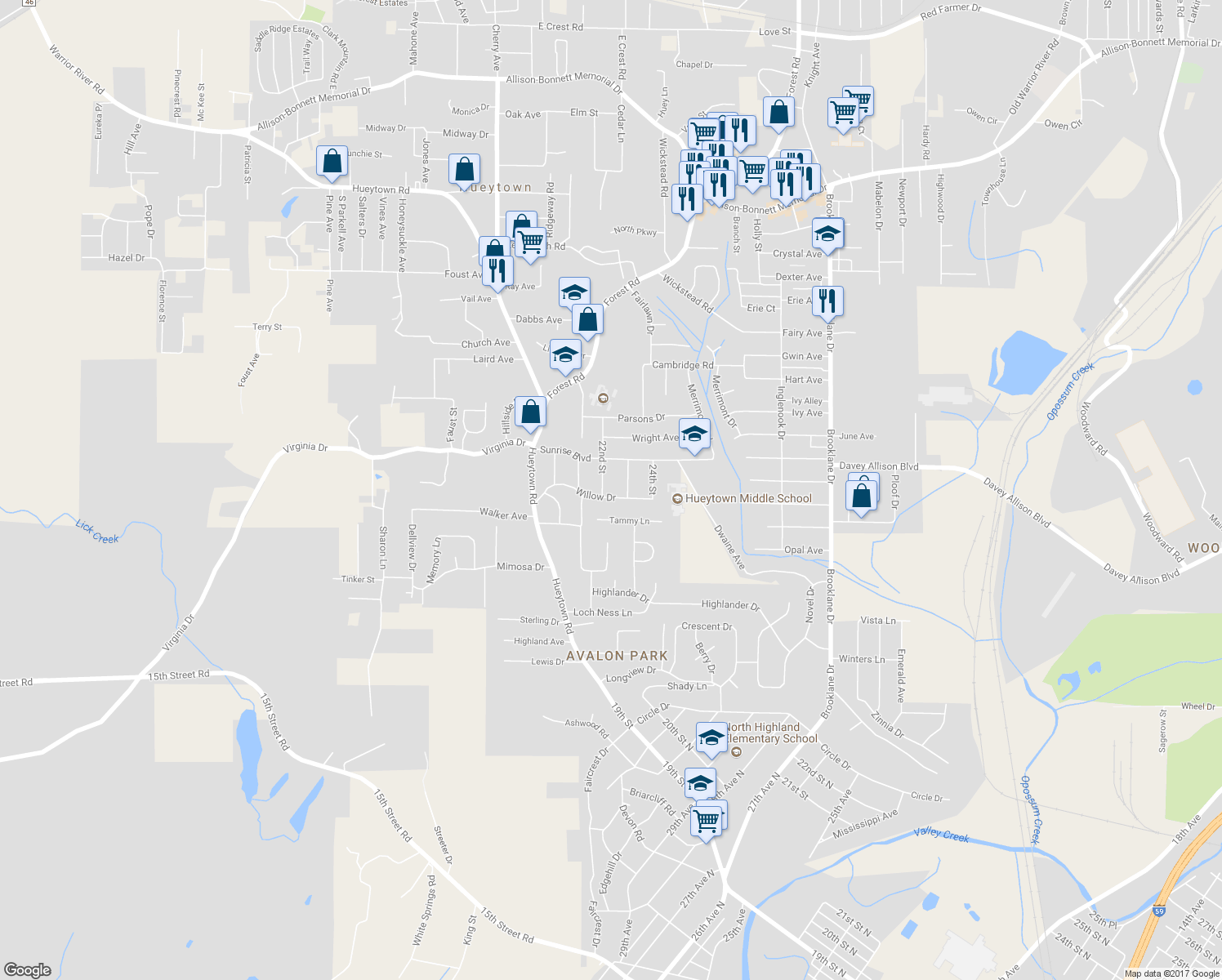 map of restaurants, bars, coffee shops, grocery stores, and more near 404 Willow Drive in Hueytown