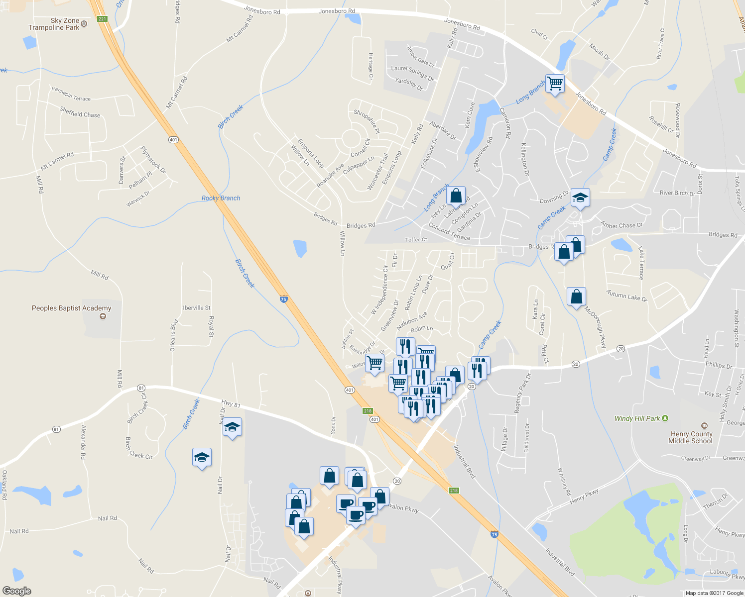 map of restaurants, bars, coffee shops, grocery stores, and more near 41 Birch Court in McDonough
