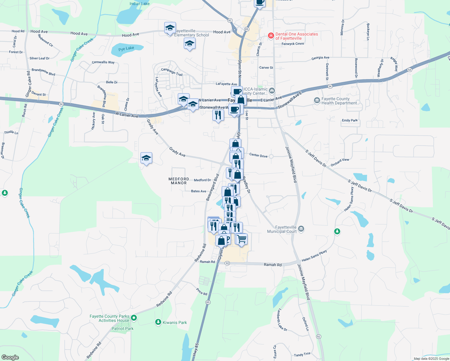 map of restaurants, bars, coffee shops, grocery stores, and more near 190 Stayman Park in Fayetteville