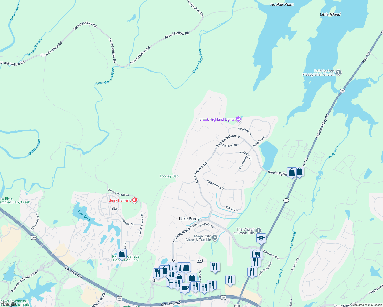 map of restaurants, bars, coffee shops, grocery stores, and more near 1034 Briarcliff Trce in Birmingham