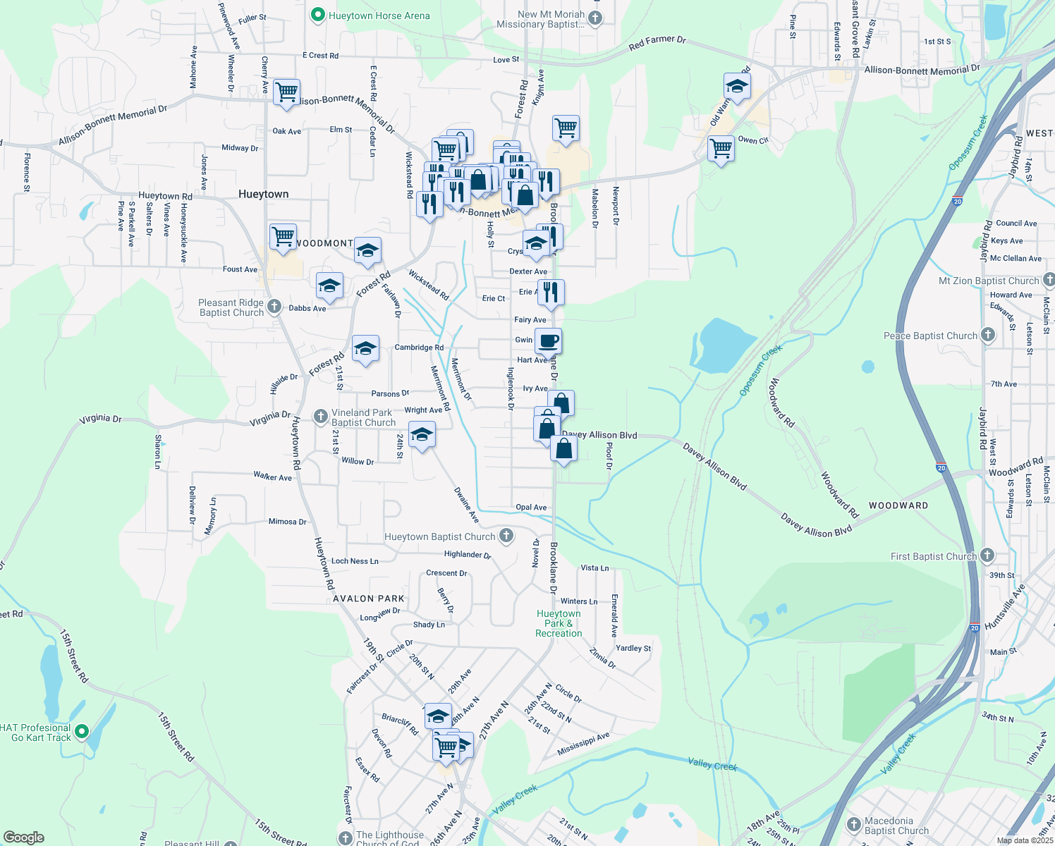 map of restaurants, bars, coffee shops, grocery stores, and more near 110 Kentwood Ave in Hueytown