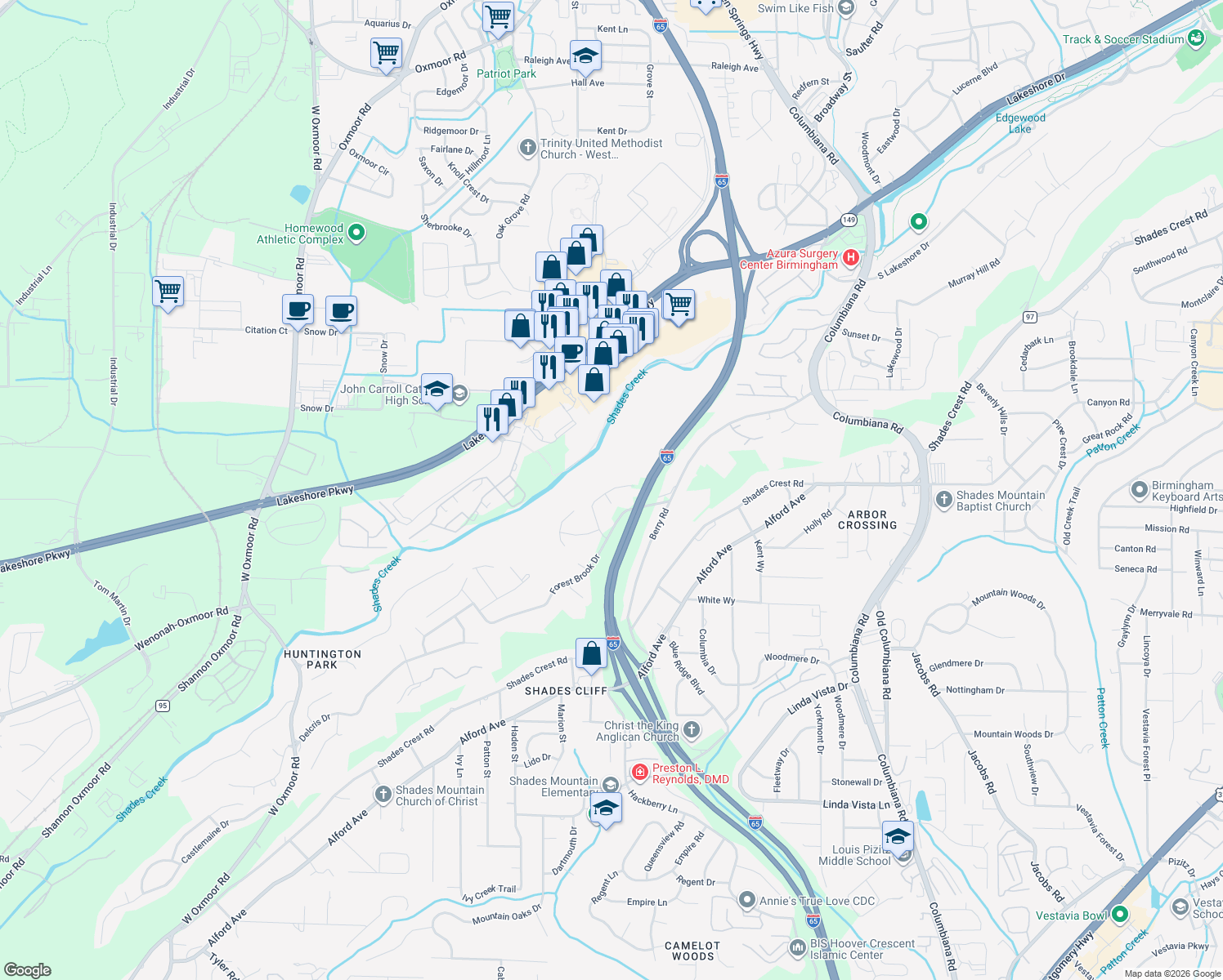 map of restaurants, bars, coffee shops, grocery stores, and more near 1299 Forest Brook Circle in Birmingham