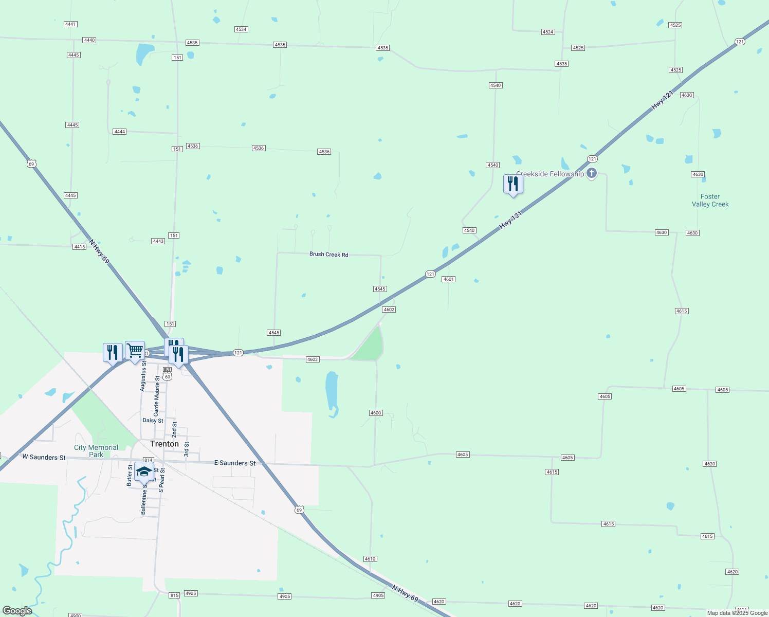map of restaurants, bars, coffee shops, grocery stores, and more near 12643 Highway 121 in Trenton