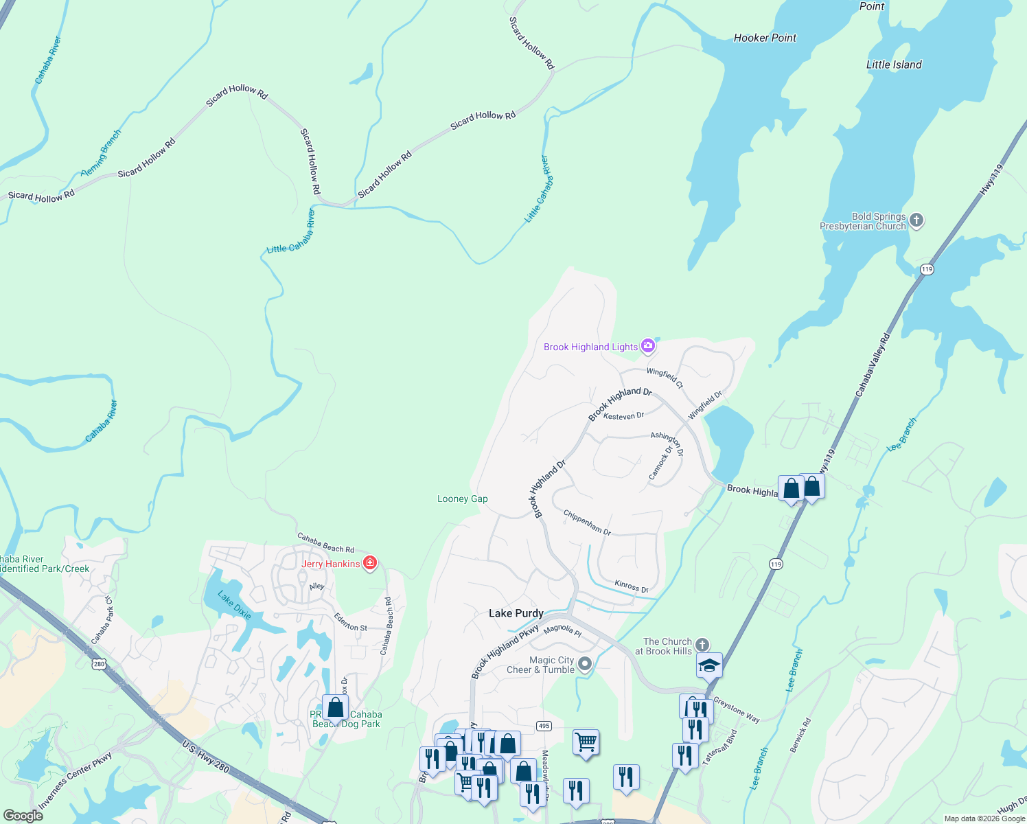 map of restaurants, bars, coffee shops, grocery stores, and more near 2084 Brook Highland Ridge in Birmingham