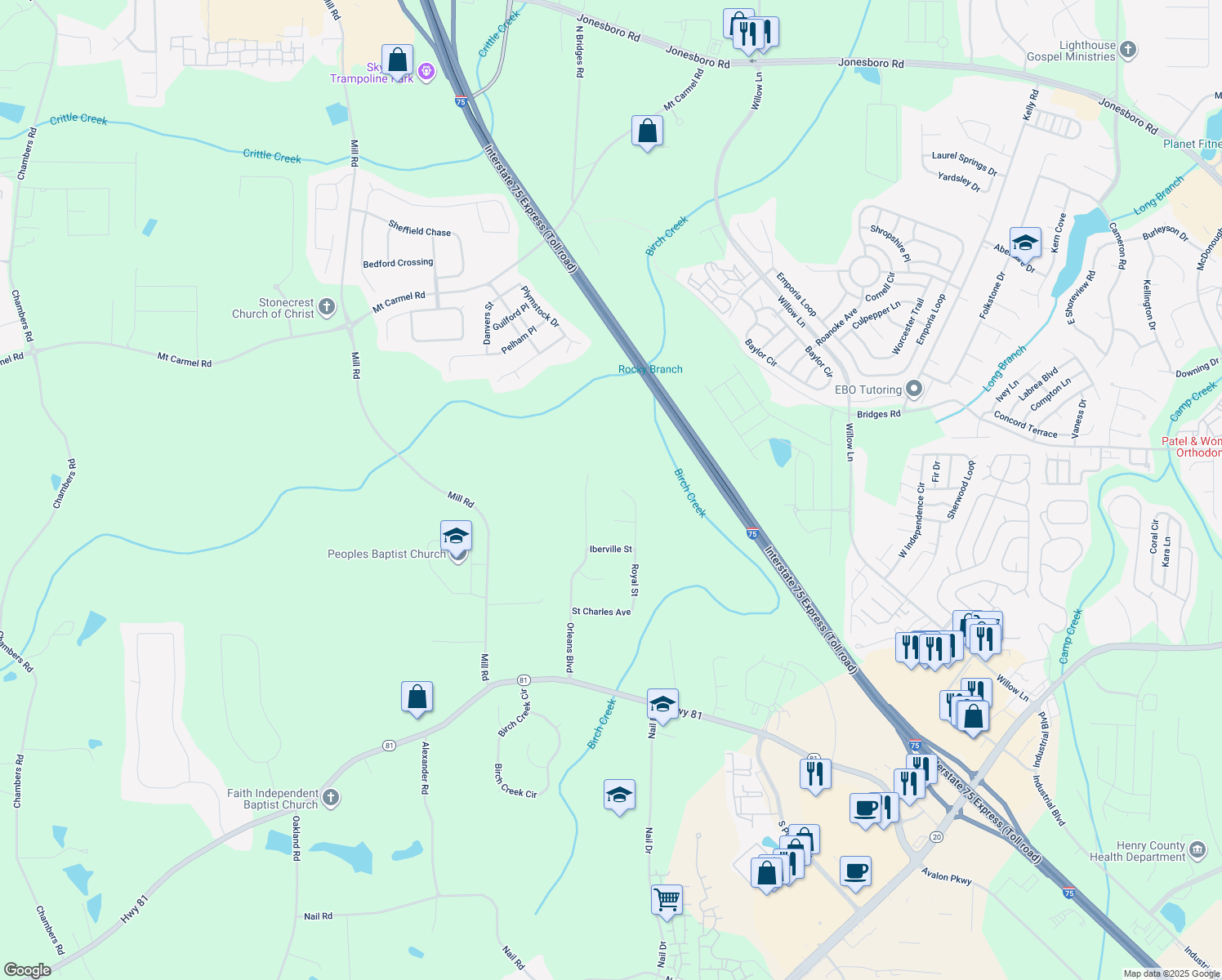 map of restaurants, bars, coffee shops, grocery stores, and more near 445 Royal Street in McDonough