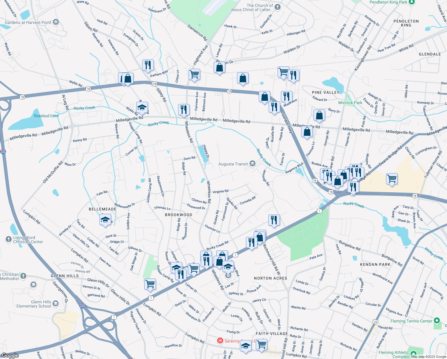 map of restaurants, bars, coffee shops, grocery stores, and more near 2924 Courtney Road in Augusta