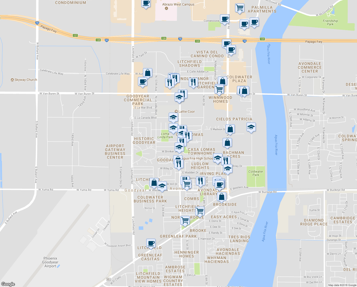 map of restaurants, bars, coffee shops, grocery stores, and more near 1 West Loma Linda Boulevard in Avondale