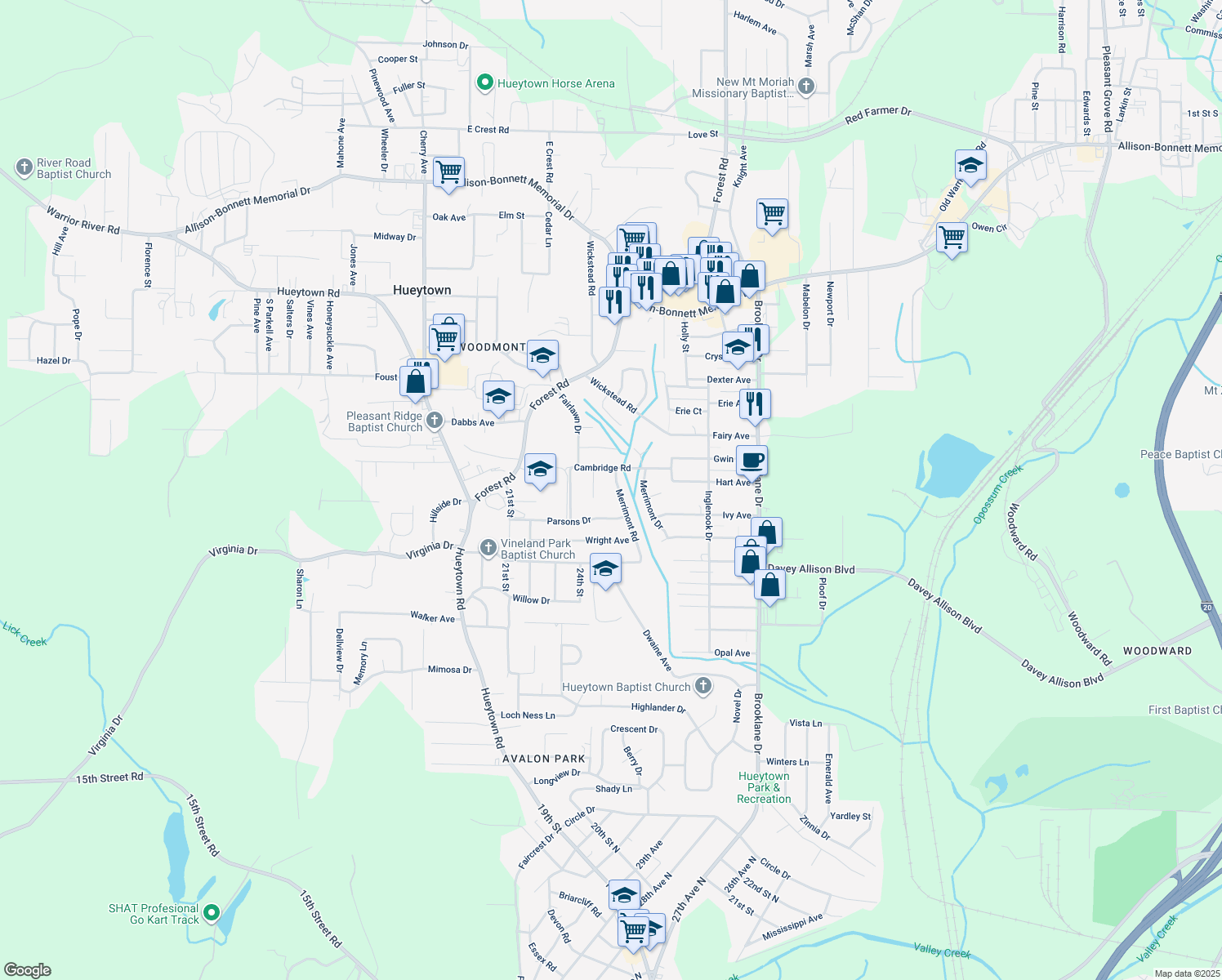map of restaurants, bars, coffee shops, grocery stores, and more near 55 Merrimont Rd in Hueytown