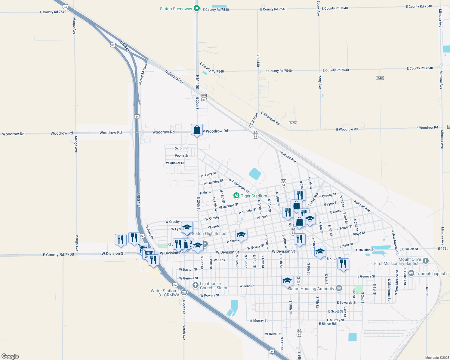map of restaurants, bars, coffee shops, grocery stores, and more near 801 W Hockley St in Slaton