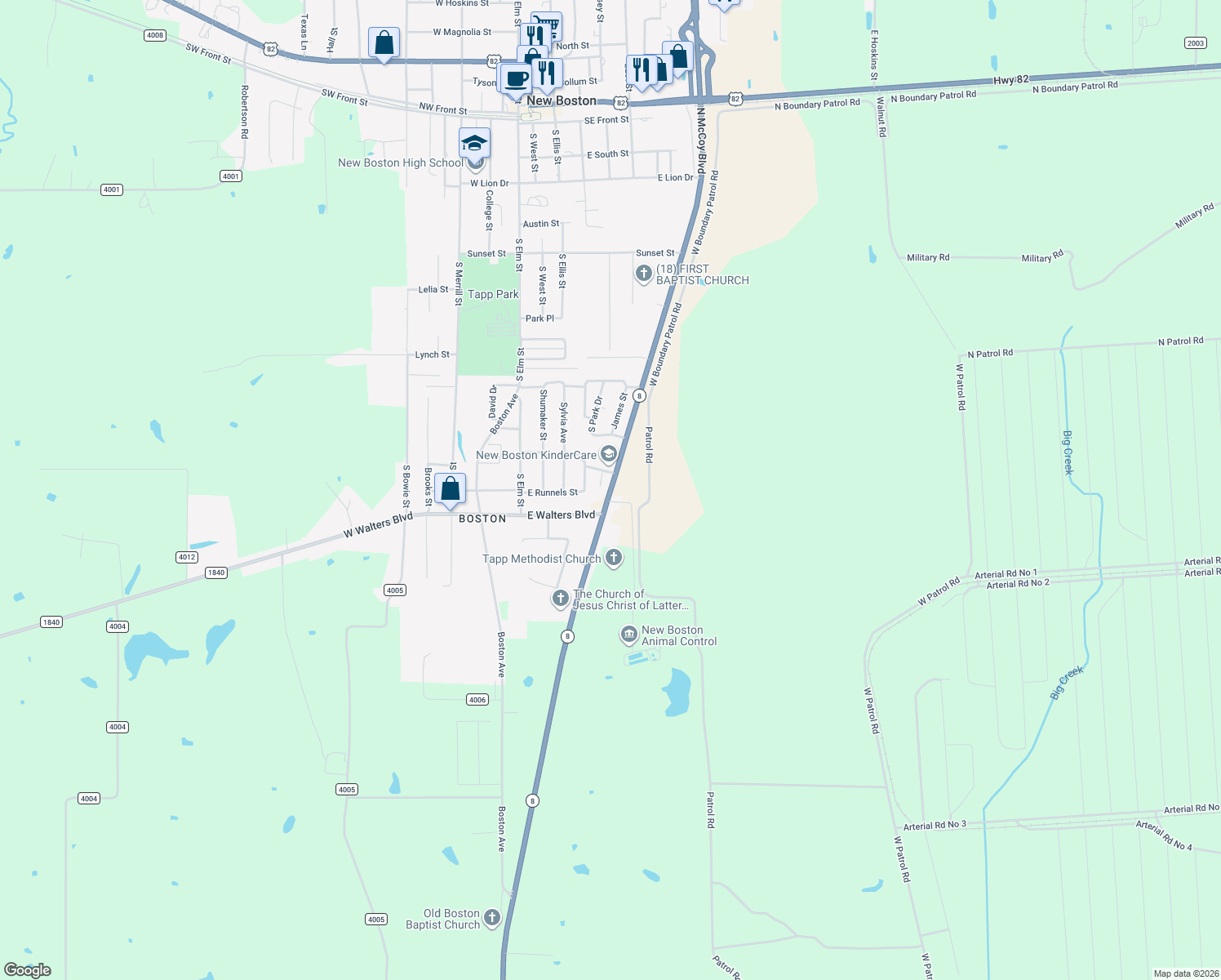 map of restaurants, bars, coffee shops, grocery stores, and more near 1199 South McCoy Boulevard in New Boston