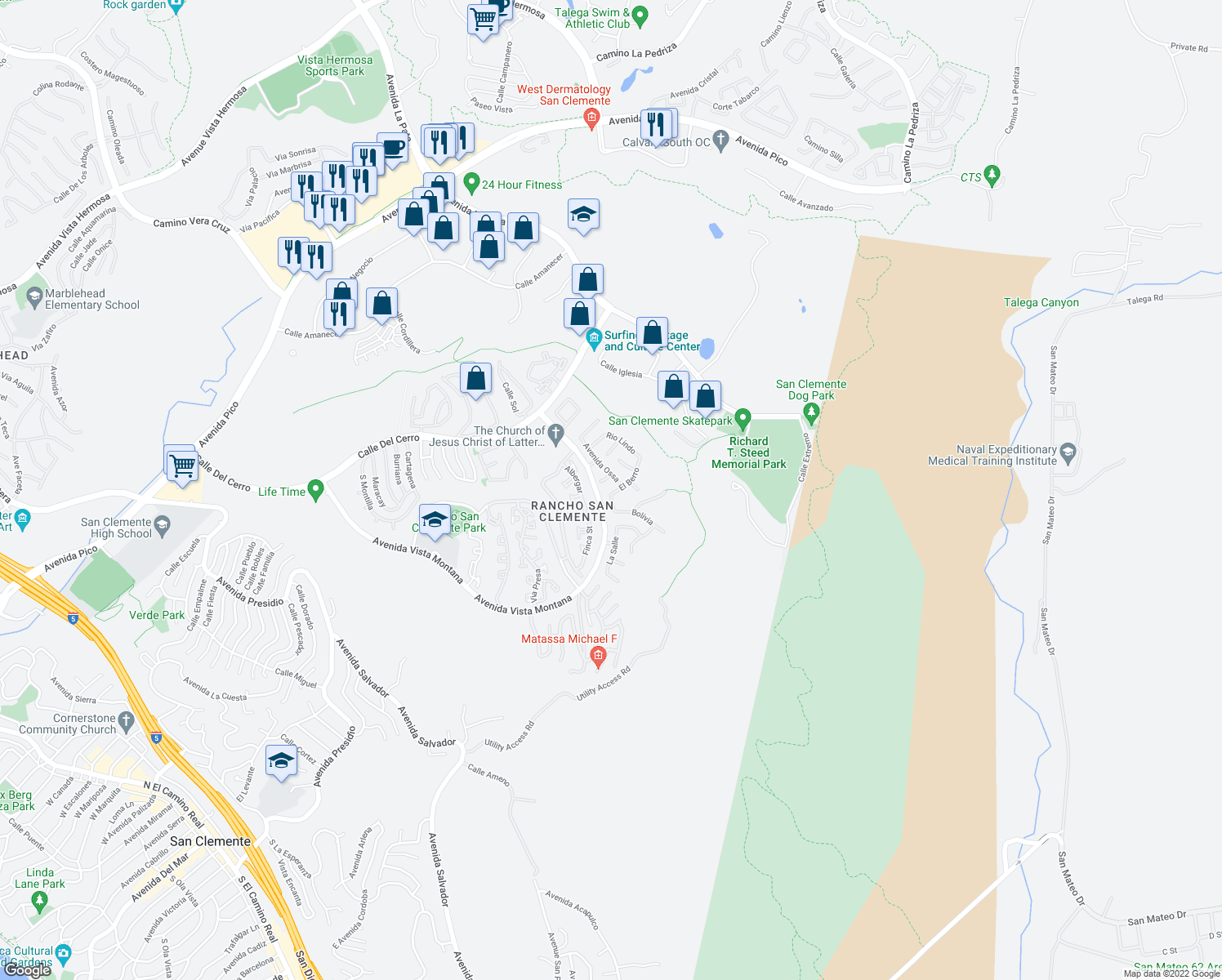 map of restaurants, bars, coffee shops, grocery stores, and more near 705 El Berro in San Clemente