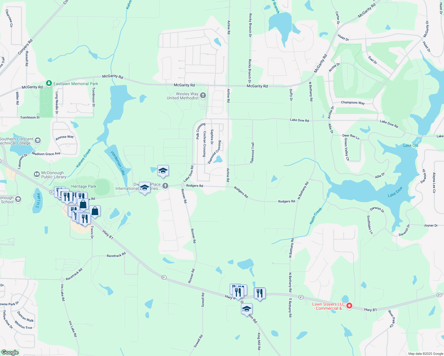 map of restaurants, bars, coffee shops, grocery stores, and more near 372 Lingo Port Dr in McDonough