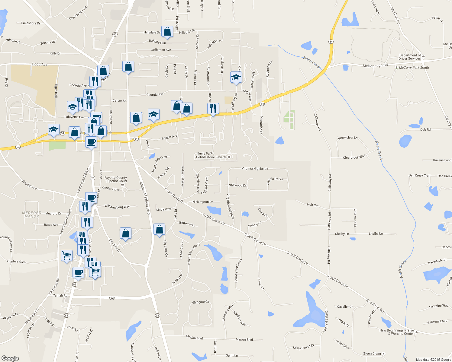 map of restaurants, bars, coffee shops, grocery stores, and more near 290 Virginia Highlands in Fayetteville
