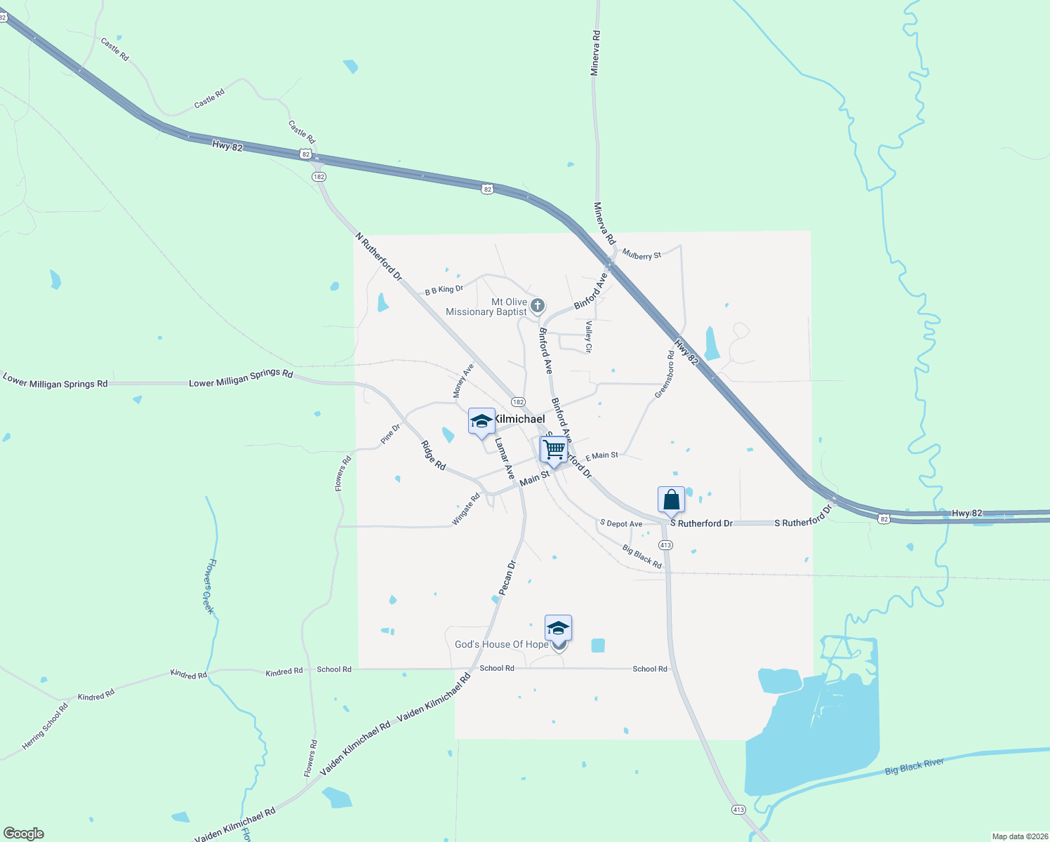 map of restaurants, bars, coffee shops, grocery stores, and more near West Stone Street in Kilmichael