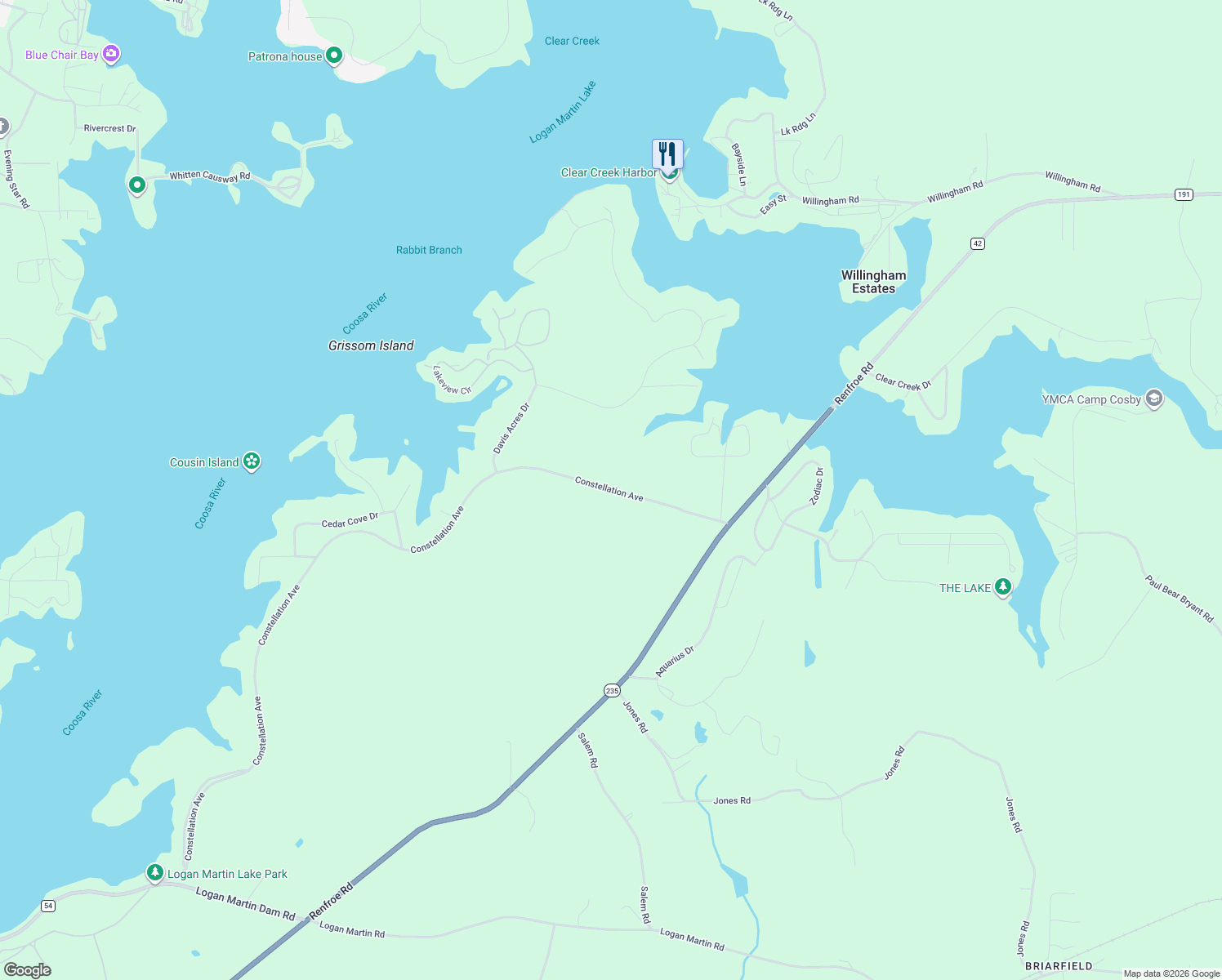 map of restaurants, bars, coffee shops, grocery stores, and more near County Road 255 in Talladega County
