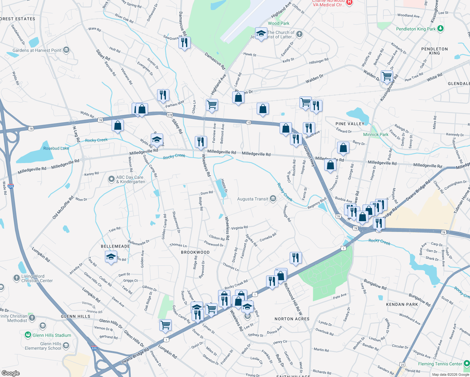 map of restaurants, bars, coffee shops, grocery stores, and more near 2337 Joe Coleman Rd in Augusta