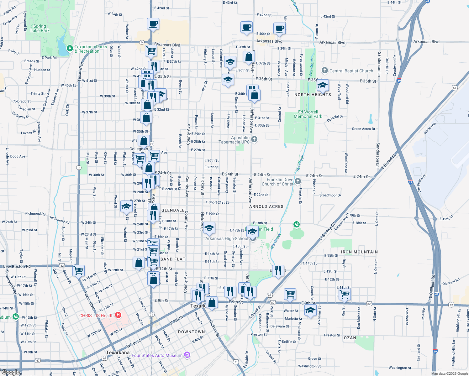 map of restaurants, bars, coffee shops, grocery stores, and more near 2223 Senator Street in Texarkana