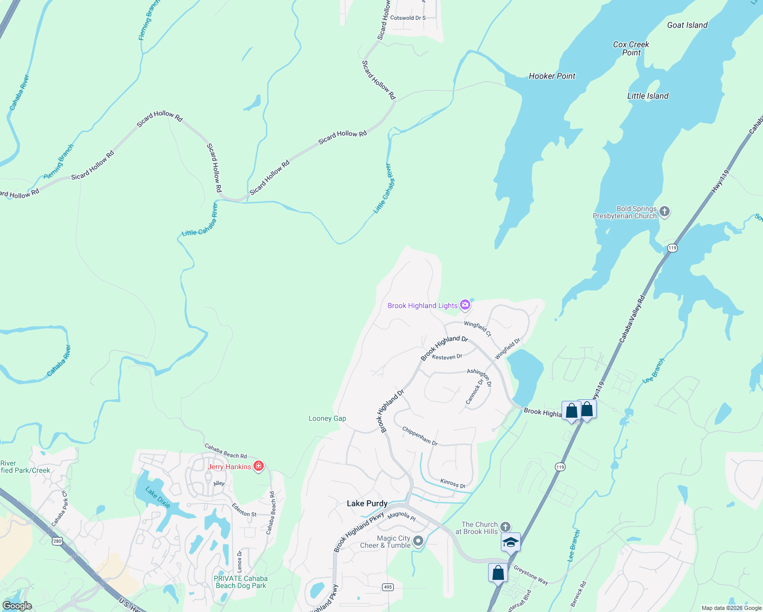 map of restaurants, bars, coffee shops, grocery stores, and more near 2120 Brook Highland Ridge in Birmingham
