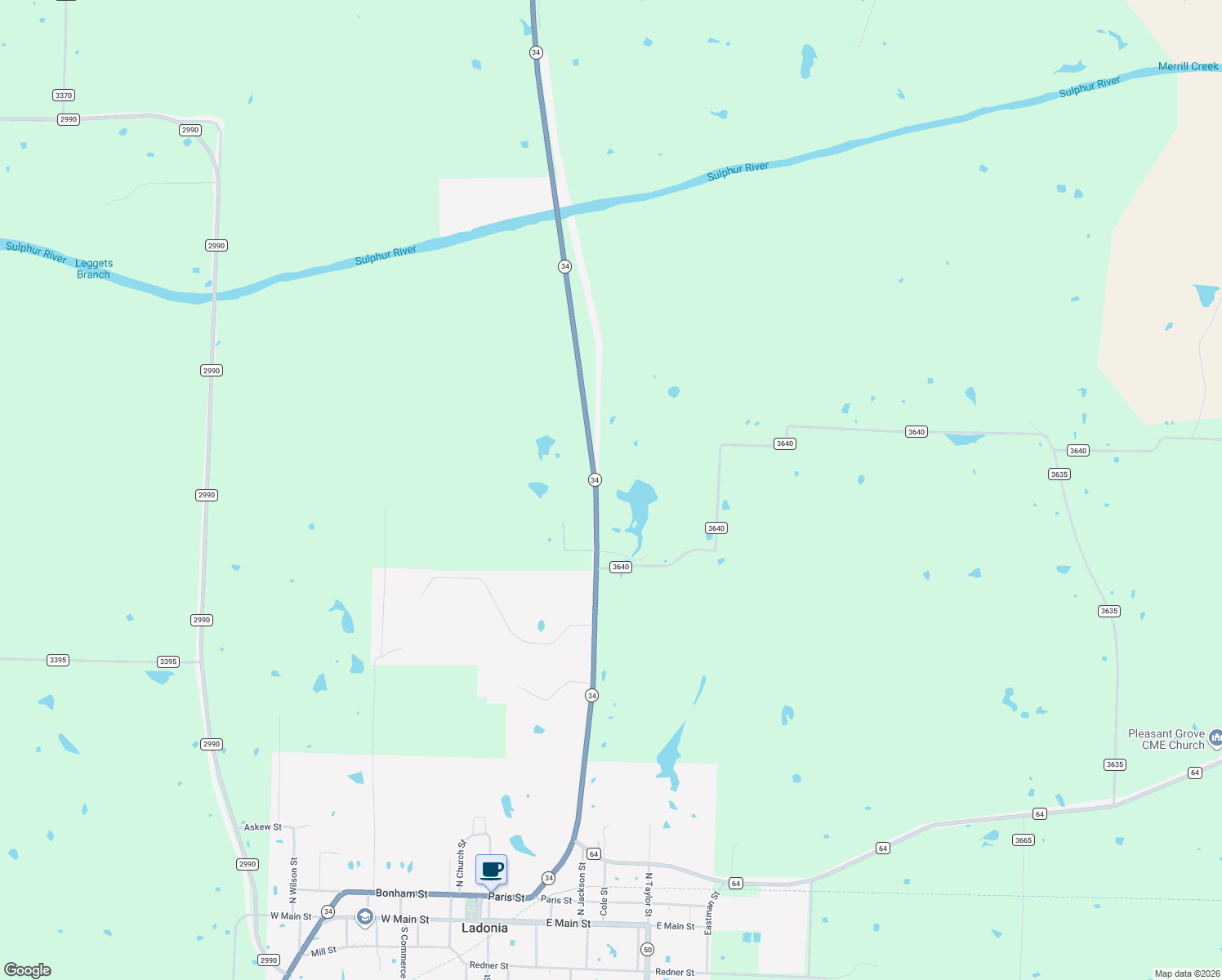 map of restaurants, bars, coffee shops, grocery stores, and more near 10907 Texas 34 in Ladonia